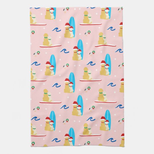 サーフィンのクリスマスドッグとシーグルズキッチンタオル キッチンタオル (縦)