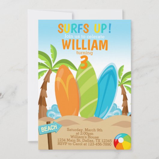 サーフィンのサーフボードの誕生日のパーティの招待状の招待 招待状 (正面)