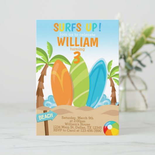 サーフィンのサーフボードの誕生日のパーティの招待状の招待 招待状 (スタンド正面)