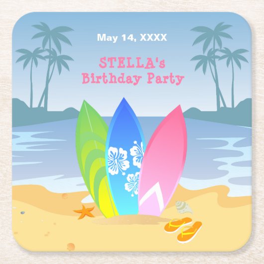 サーフィンの日 ガーリーな誕生日パーティー スクエアペーパーコースター (正面)