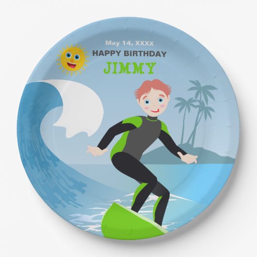 サーフィンの時間だ少年 誕生日パーティー ペーパープレート (正面)