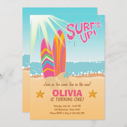 サーフィンの誕生日の招待状の波の上りのビーチの女の子 招待状 (正面/裏面)
