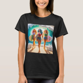 サーフィンをする女の子のトリオ ビーチ ウォーク Tシャツ