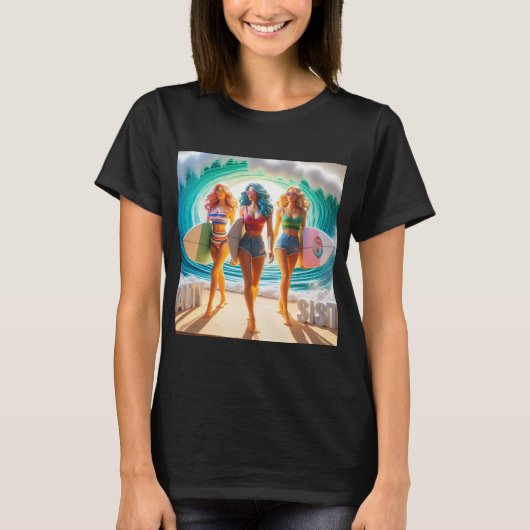 サーフィンをする女の子のトリオ ビーチ ウォーク Tシャツ (正面)