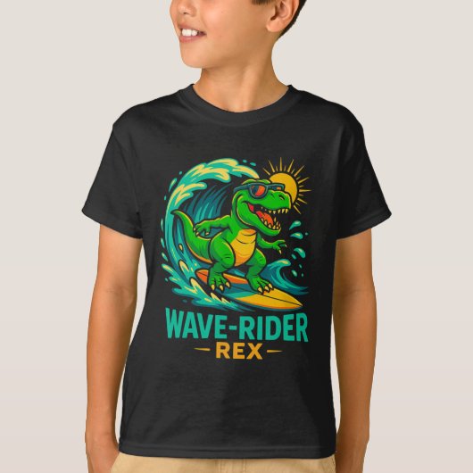 サーフィンを楽しむ恐竜 ティラノサウルス 夏 Tシャツ (正面)