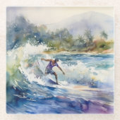 サーフィンオンノースショアオアフハワイ水彩画 ガラスコースター (正面)