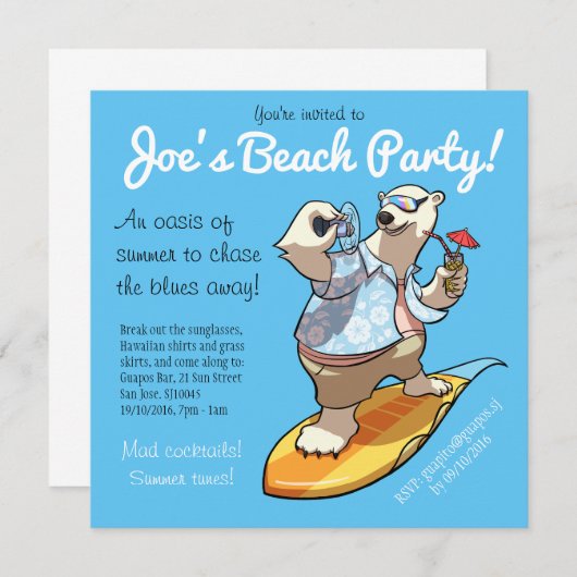 サーフィンカッコいいポーラークマとカクテルマンガ 招待状 (正面/裏面)