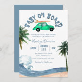 サーフィンカーココナッツツリーブルービーチベビーシャワー 招待状 (正面/裏面)