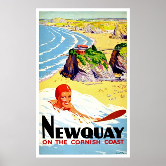 サーフィンガールアットニューキービーチ,コーンウォール,ヴィンテージ ポスター (正面)