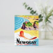 サーフィンガールアットニューキービーチ，コーンウォール，ヴィンテージ ポストカード (スタンド正面)