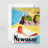 サーフィンガールアットニューキービーチ，コーンウォール，ヴィンテージ ポストカード (正面/裏面)