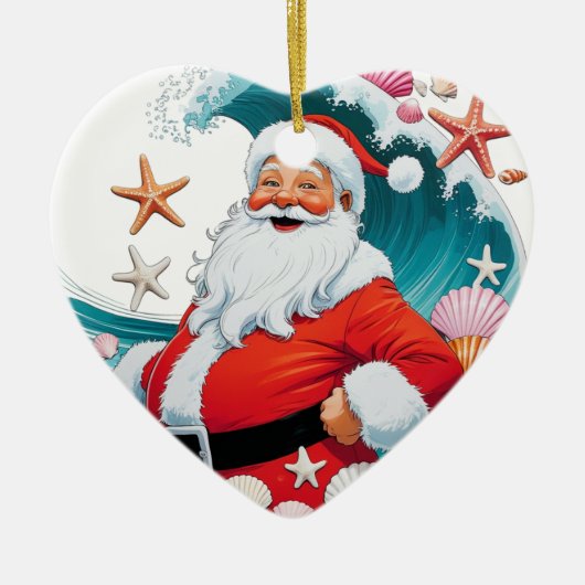 サーフィンサンタの貝殻の波のクリスマスオーナメント セラミックオーナメント (正面)