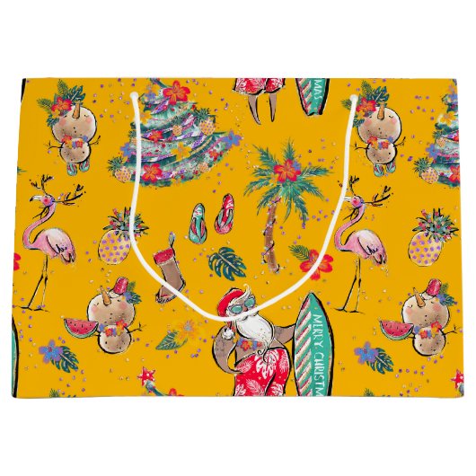 サーフィンサンタトロピカルクリスマス抱き枕 ラージペーパーバッグ (正面)