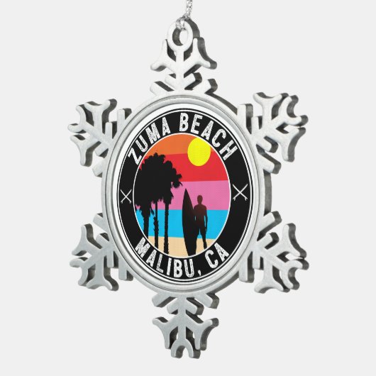 サーフィンズマビーチマリブカリフォルニアサーフ スノーフレークピューターオーナメント (右)