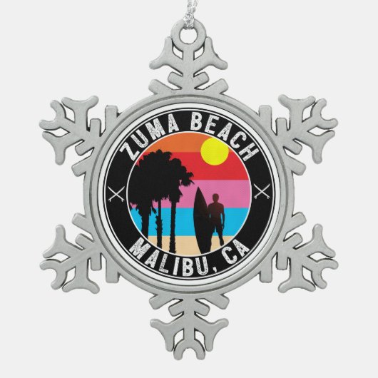 サーフィンズマビーチマリブカリフォルニアサーフ スノーフレークピューターオーナメント (正面)