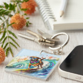 サーフィンドッグ – 夏おもしろいビーチカップイラストレーション キーホルダー (正面右)