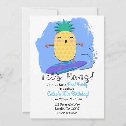 サーフィンパイナップルサマー誕生日プールスイムパーティー 招待状 (正面)