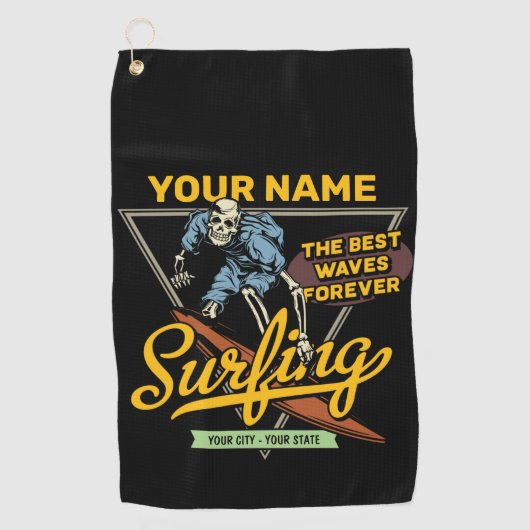サーフィンパーソナライズされたスケルトン乗用波探査機 ゴルフタオル (正面)