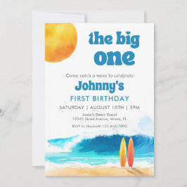 サーフィンビーチの水彩画で1歳の誕生日をお祝い「The Big One」 招待状
