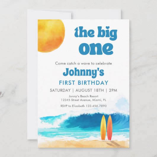 サーフィンビーチの水彩画で1歳の誕生日をお祝い「The Big One」 招待状 (正面)