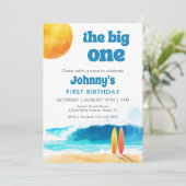 サーフィンビーチの水彩画で1歳の誕生日をお祝い「The Big One」 招待状 (スタンド正面)