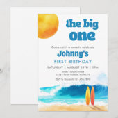 サーフィンビーチの水彩画で1歳の誕生日をお祝い「The Big One」 招待状 (正面/裏面)