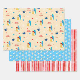 サーフィンビーチドッグクリスマスギフトラップセット3 ラッピングペーパーシート