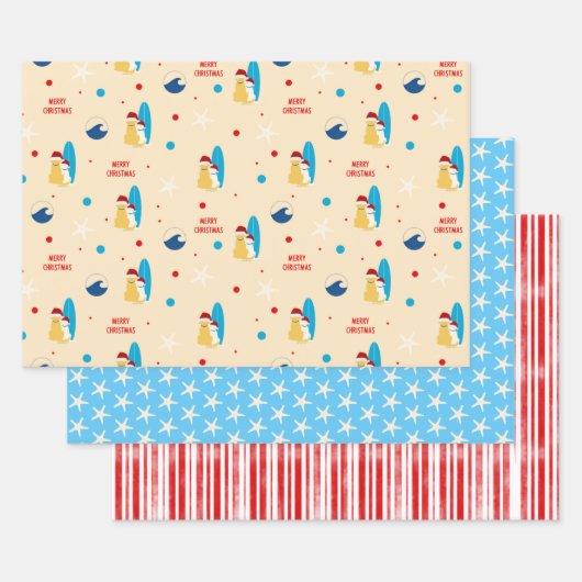 サーフィンビーチドッグクリスマスギフトラップセット3 ラッピングペーパーシート (セット)
