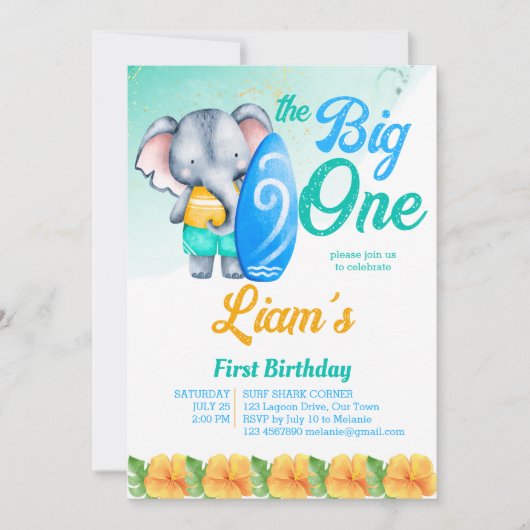 サーフィンビーチ海熱帯夏の誕生日 招待状 (正面)