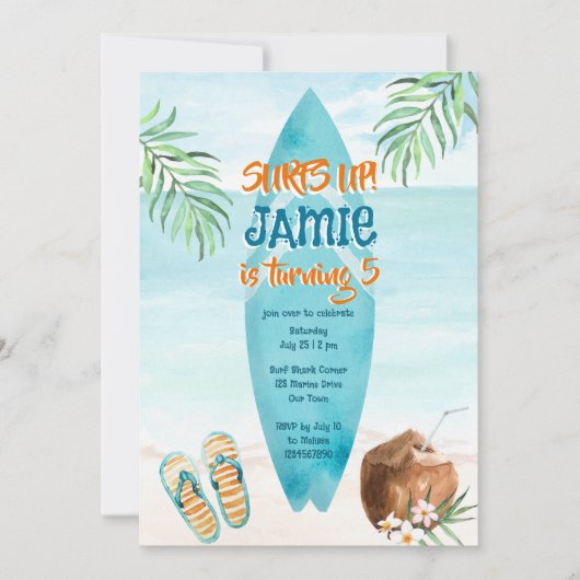 サーフィンビーチ海熱帯夏の誕生日 招待状 (正面)