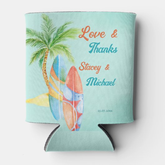 サーフィンビーチ熱帯海辺結婚式の引き出物 缶クーラー (正面)