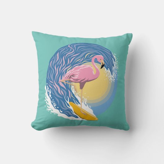 サーフィンフラミンゴグラフィックイラストレーション クッション (正面)
