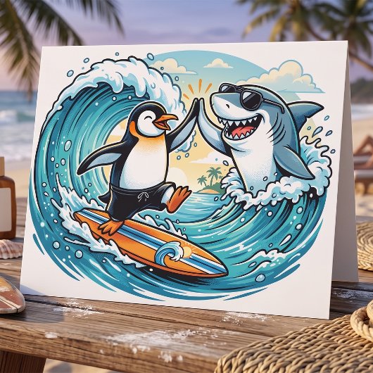 サーフィンペンギンとサメのハイタッチ カード