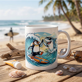 サーフィンペンギンとサメのハイタッチ コーヒーマグカップ