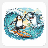 サーフィンペンギンとサメのハイタッチ スクエアシール (正面)