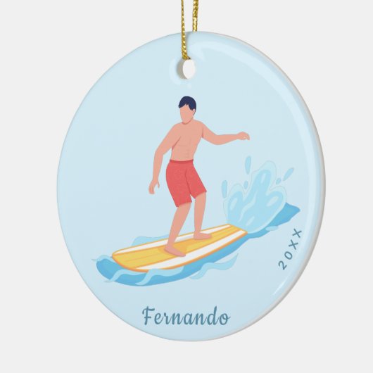 サーフィンボーイサーファー波の名前と年の水に乗る セラミックオーナメント (左)