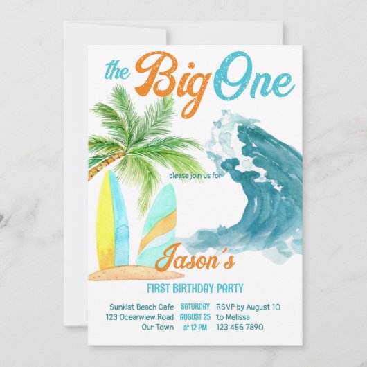 サーフィンレトロビーチパーティービッグワン1歳の誕生日 招待状 (正面)