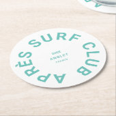 サーフィン後のクラブターコイズサーファー社交クラブのロゴ ラウンドペーパーコースター (アングル)
