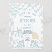 サーフィン最高！ モダンサーフボード ビーチ バースデーパーティー 招待状 (正面/裏面)