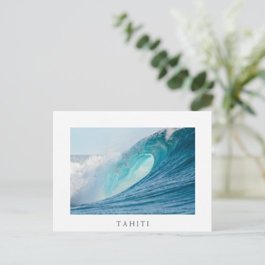 サーフィン樽形波、タヒチ、白いはがき ポストカード (スタンド正面)