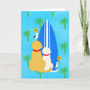 サーフィン犬とカモメと花カード サンキューカード
