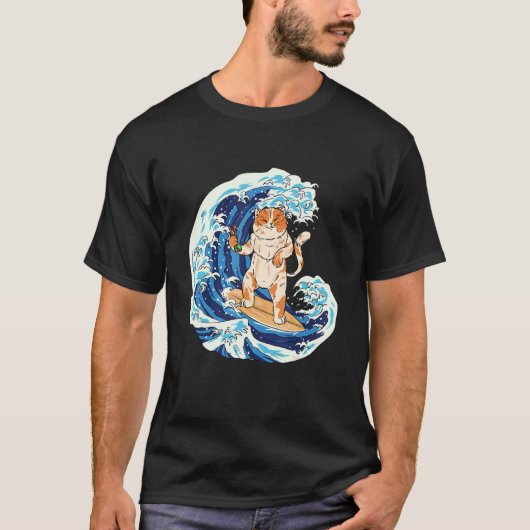 サーフィン猫と寿司を食べる猫 Tシャツ (正面)
