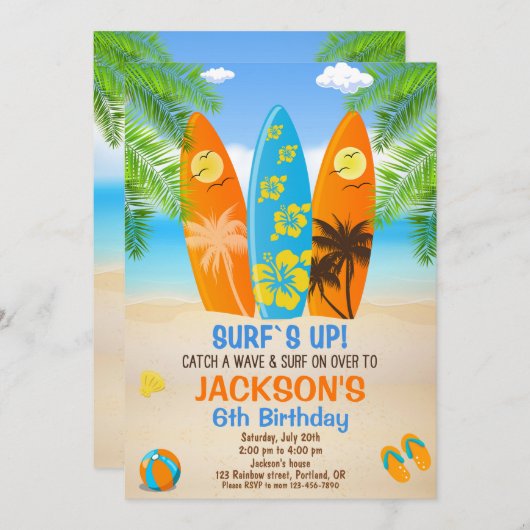 サーフィン誕生日の招待サーフボード招待状ビーチ 招待状 (正面/裏面)