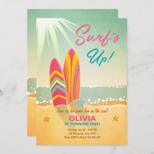 サーフィン誕生日招待状サーフズアップビーチガール 招待状 (正面/裏面)