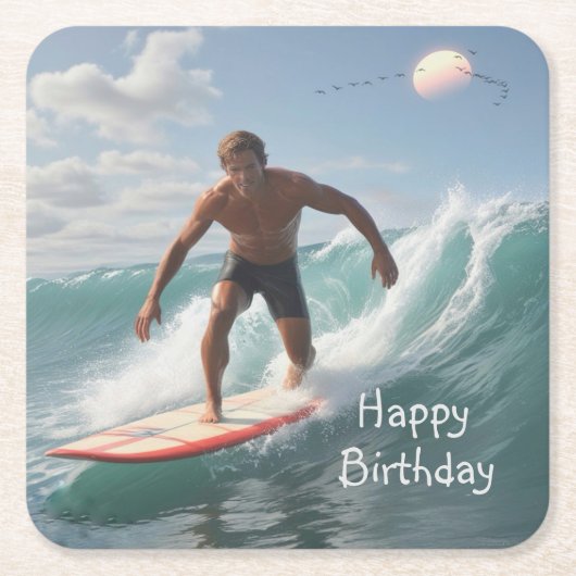 サーフィン誕生日 スクエアペーパーコースター (正面)