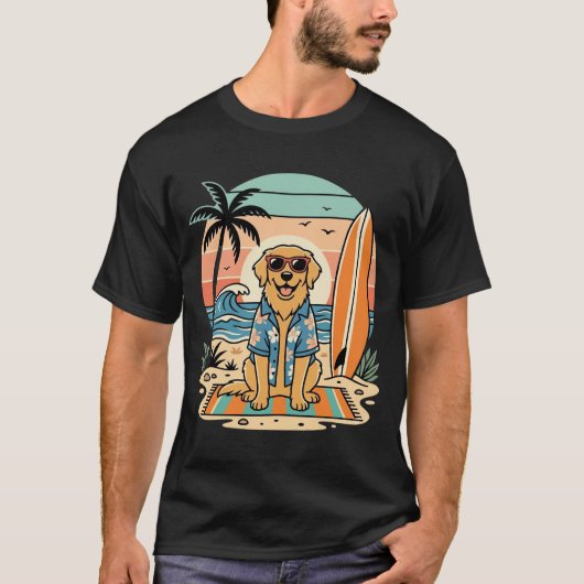 サーフィン・ドッグ・レトロ・ビーチ・サマー Tシャツ (正面)