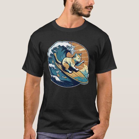 サーフィン ネコ レトロ ビンテージ 日没 ビーチ 夏季 海岸 Tシャツ (正面)