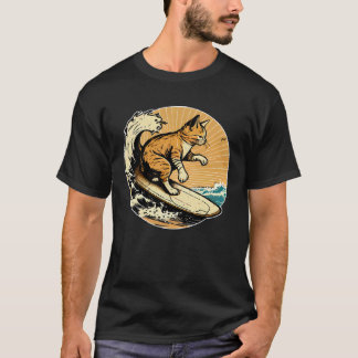 サーフィン ネコ レトロ ビンテージ 日没 ビーチ 夏 海岸 Tシャツ