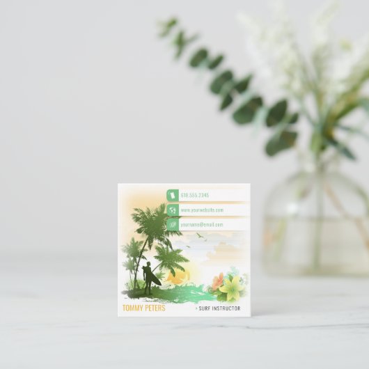 サーフインストラクター |サーフボードのアクティブ休暇 スクエア名刺 (スタンド正面)