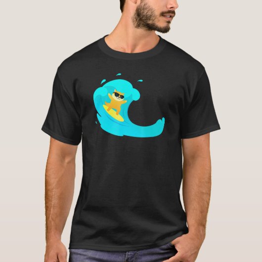 サーフカッコいいボード乗用波の上の猫 Tシャツ (正面)